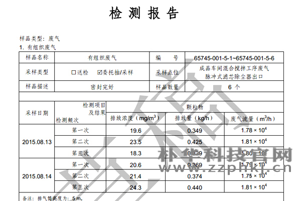 朴华科技肥业用脉冲滤筒除尘器通过检测验收